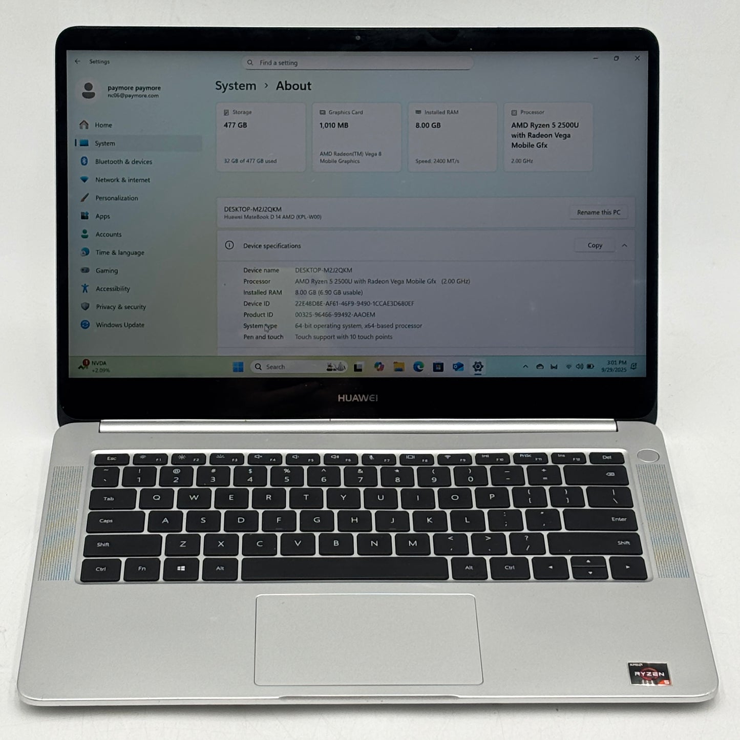 Huawei MateBook D KPL-W00 14" Ryzen 5 2500U 2.0GHz 8GB RAM 256GB SSD Radeon Vega