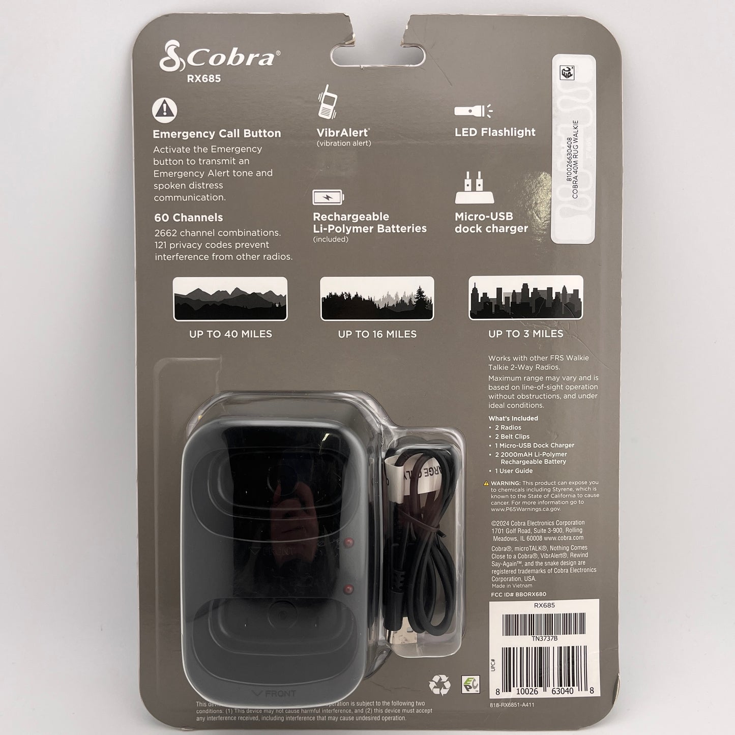 New Cobra RX685 Walkie Talkies Two-Way Radios (Pair) 40-Mile Range and 60 Channe