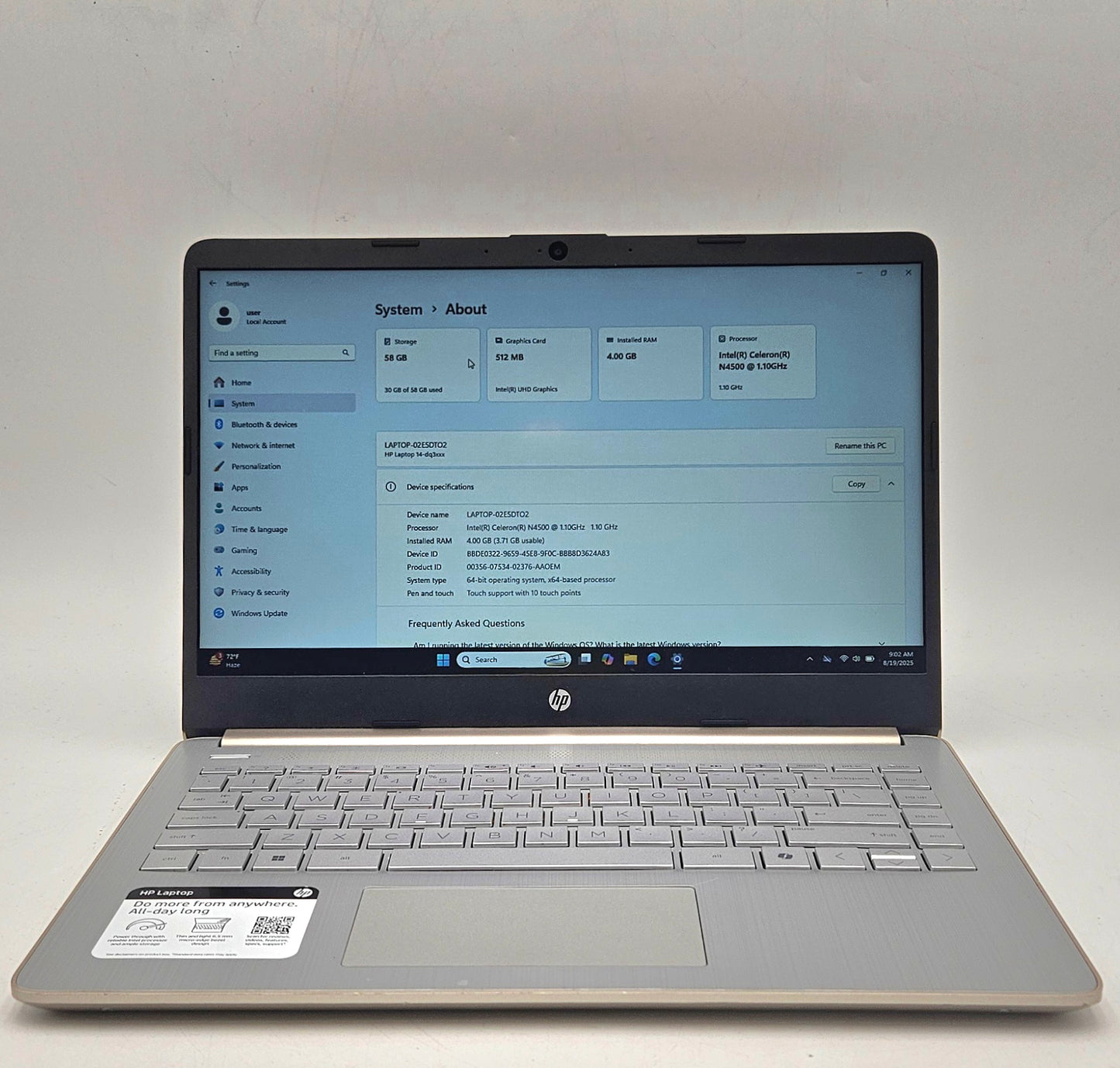 HP Laptop 14-DQ3230NR 14" Celeron N4500 1.10Ghz 4GB RAM 64GB eMMC