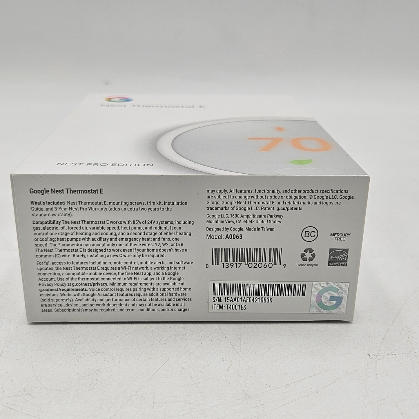 Google Nest Thermostat Smart Thermostat White A0063