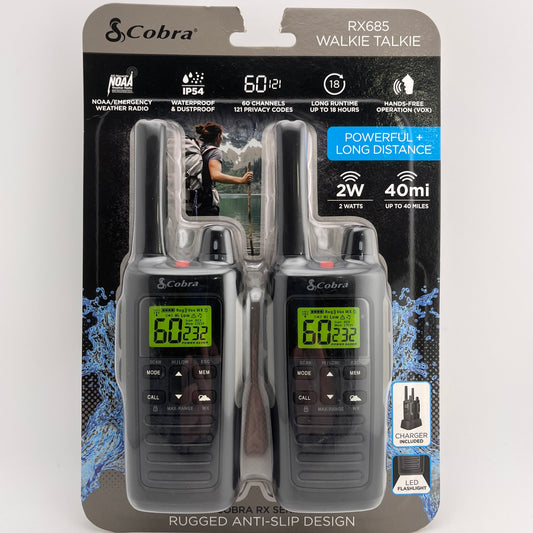 New Cobra RX685 Walkie Talkies Two-Way Radios (Pair) 40-Mile Range and 60 Channe
