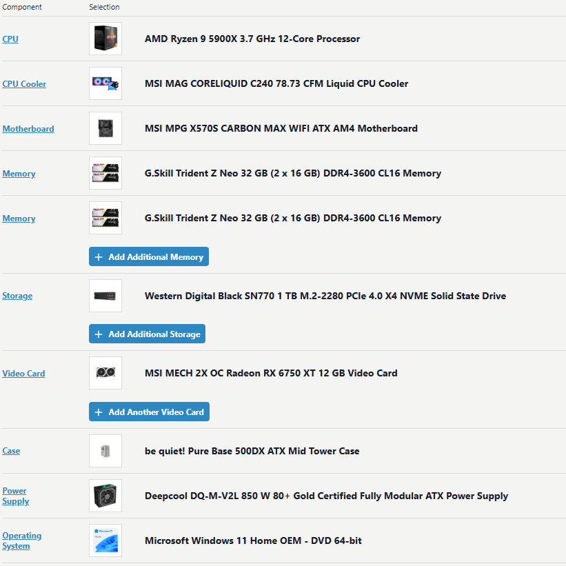 MSi MPG x570s Carbon Max WiFi Ryzen 9 5900X 64GB RAM Radeon RX 6750 XT