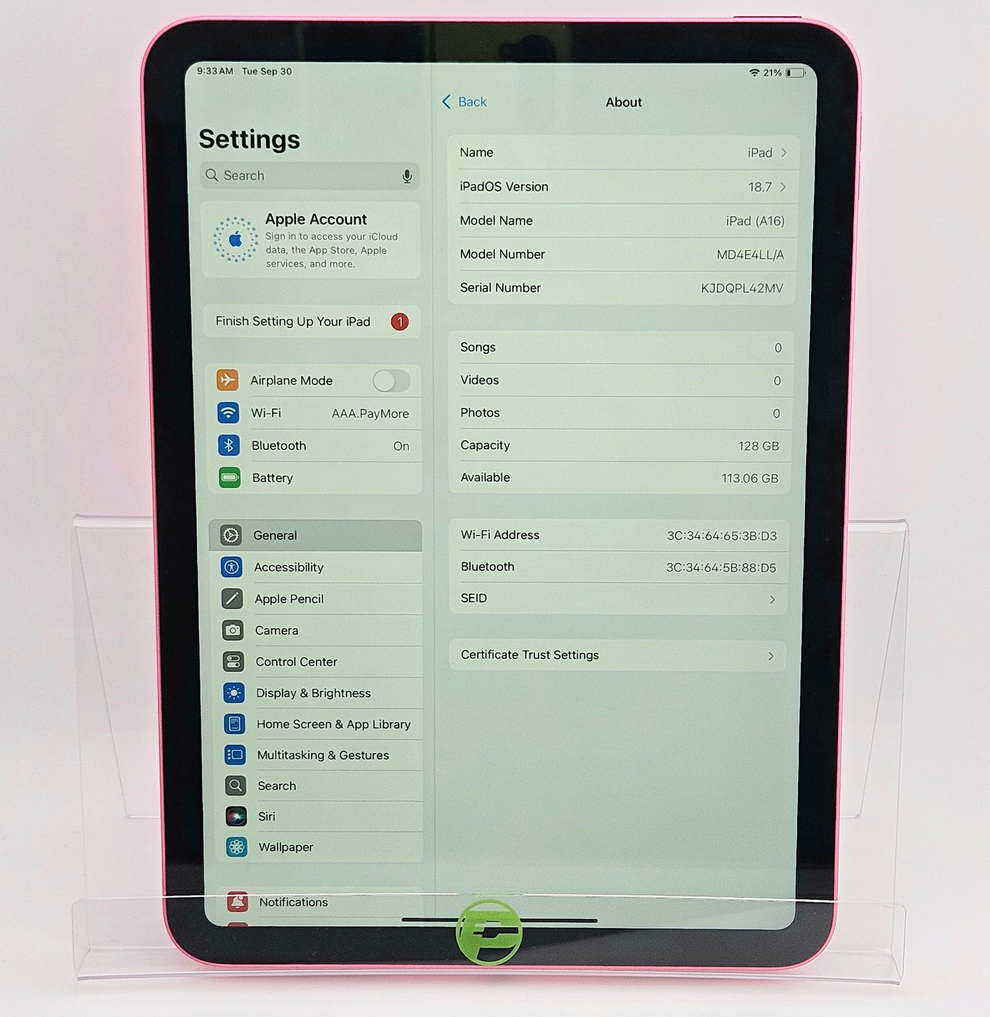 WiFi Only Apple iPad 11" (A16) 128GB Pink MD4E4LL/A