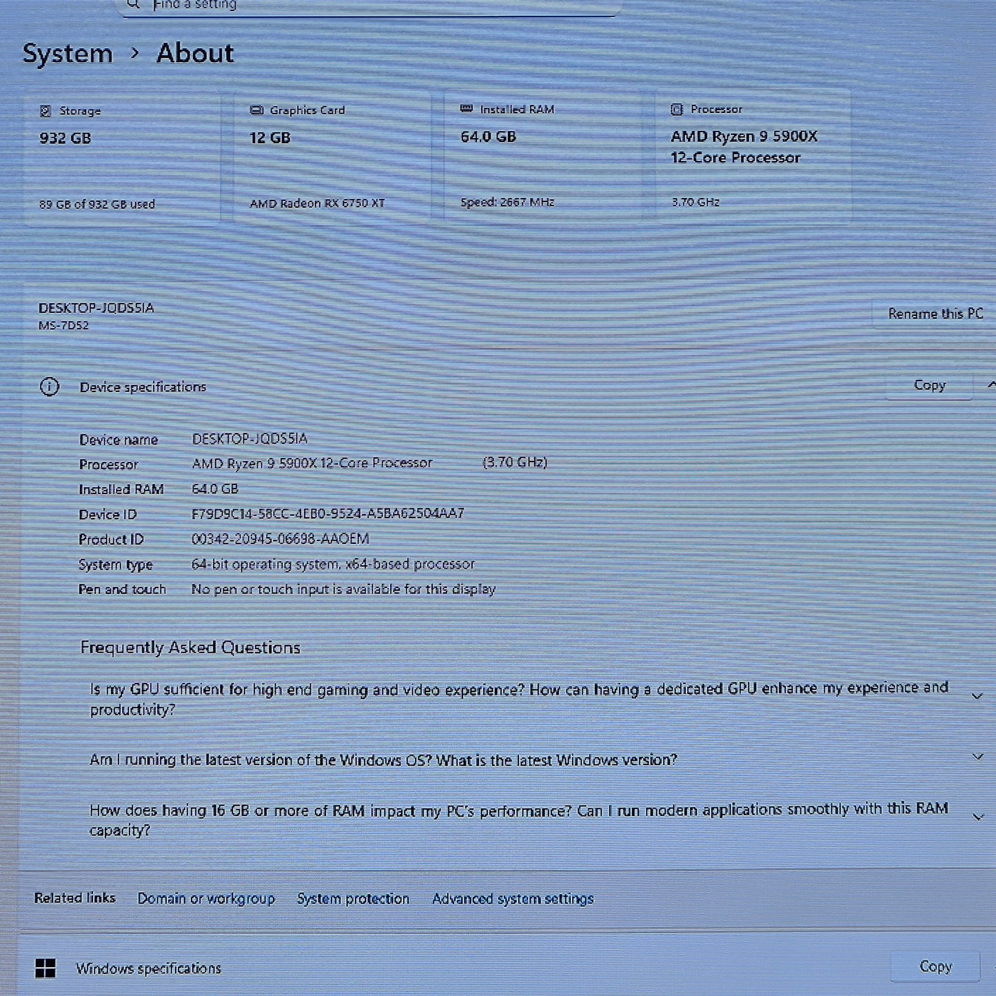 MSi MPG x570s Carbon Max WiFi Ryzen 9 5900X 64GB RAM Radeon RX 6750 XT