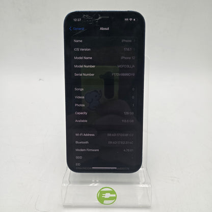 Broken Unlocked Apple iPhone 12 128GB 17.6.1 MGFD3LL/A Crack Front & Camera Lens