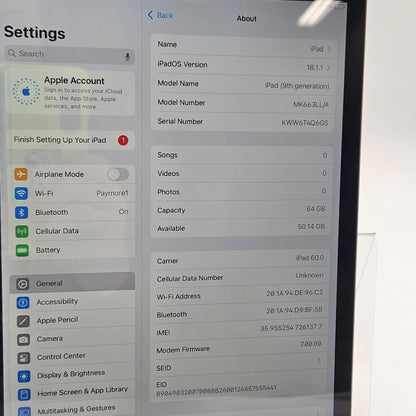 WiFi Only Apple iPad 9th Gen 64GB 18.1.1 Space Gray MK663LL/A