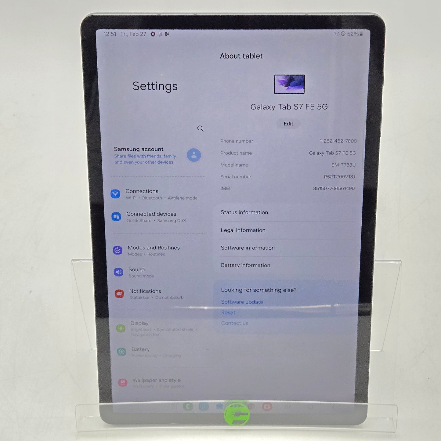 WiFi Only Samsung Galaxy Tab S7 FE 12.4" 64GB Graphite SM-T738U