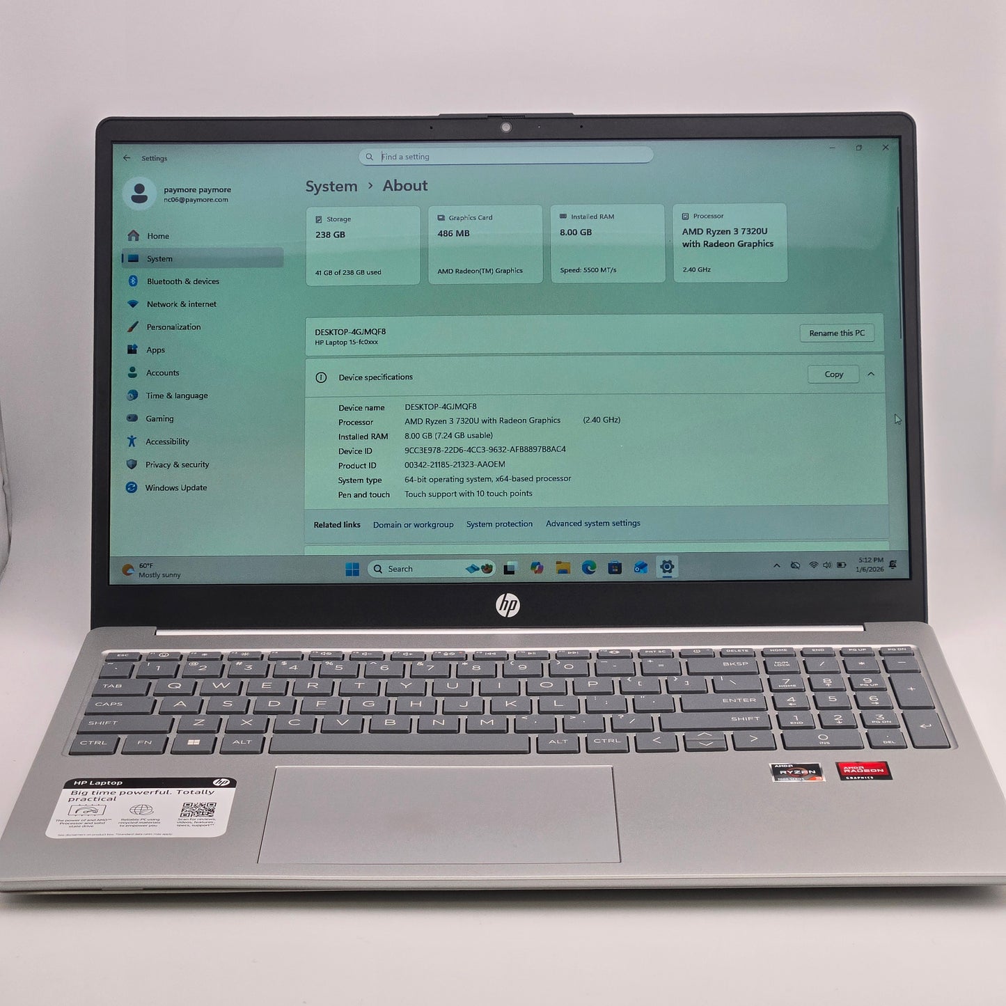 HP Laptop 15-FC0255NR 15.6" AMD Ryzen 3 7320U 2.4GHz 8GB RAM 256GB SSD Radeon