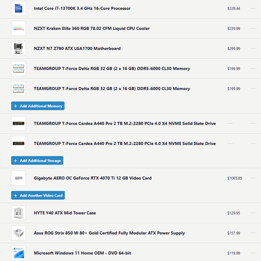 NZXT N7 Z790 i7-13700K 3.40GHz 64GB RAM 4TB SSD Gigabyte GeForce 4070 Ti