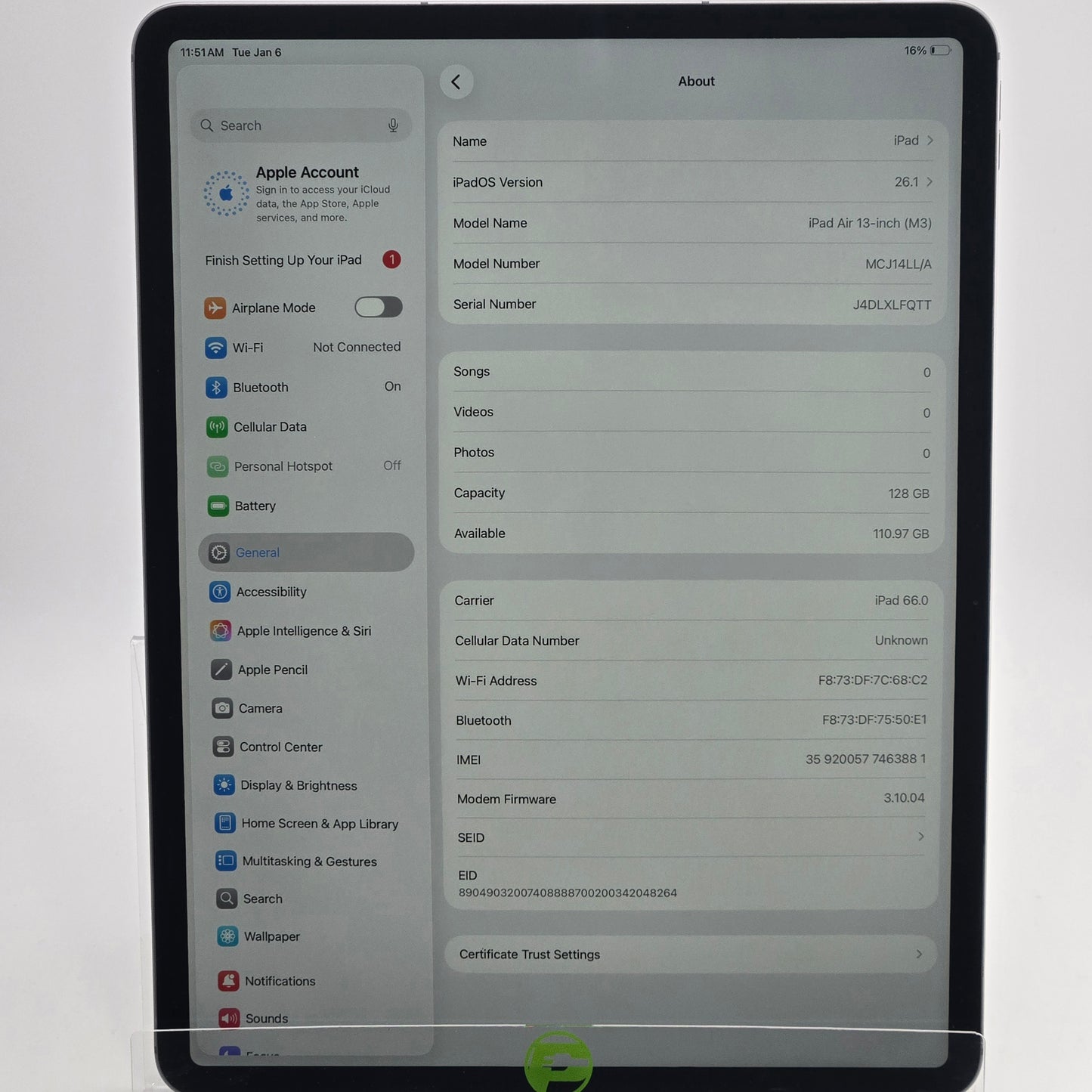 Unlocked Apple iPad Air 13" M3 128GB Space Gray MCJ14LL/A