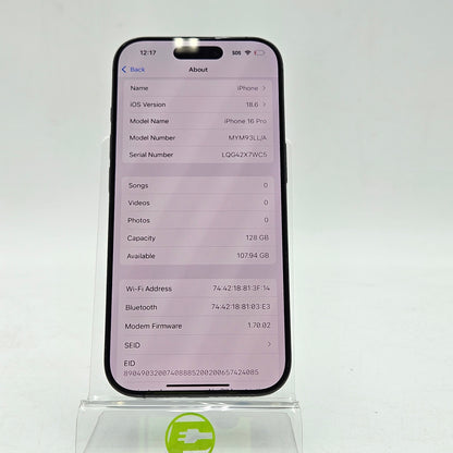 Unlocked Apple iPhone 16 Pro 128GB 18.6 Black MYM93LL/A
