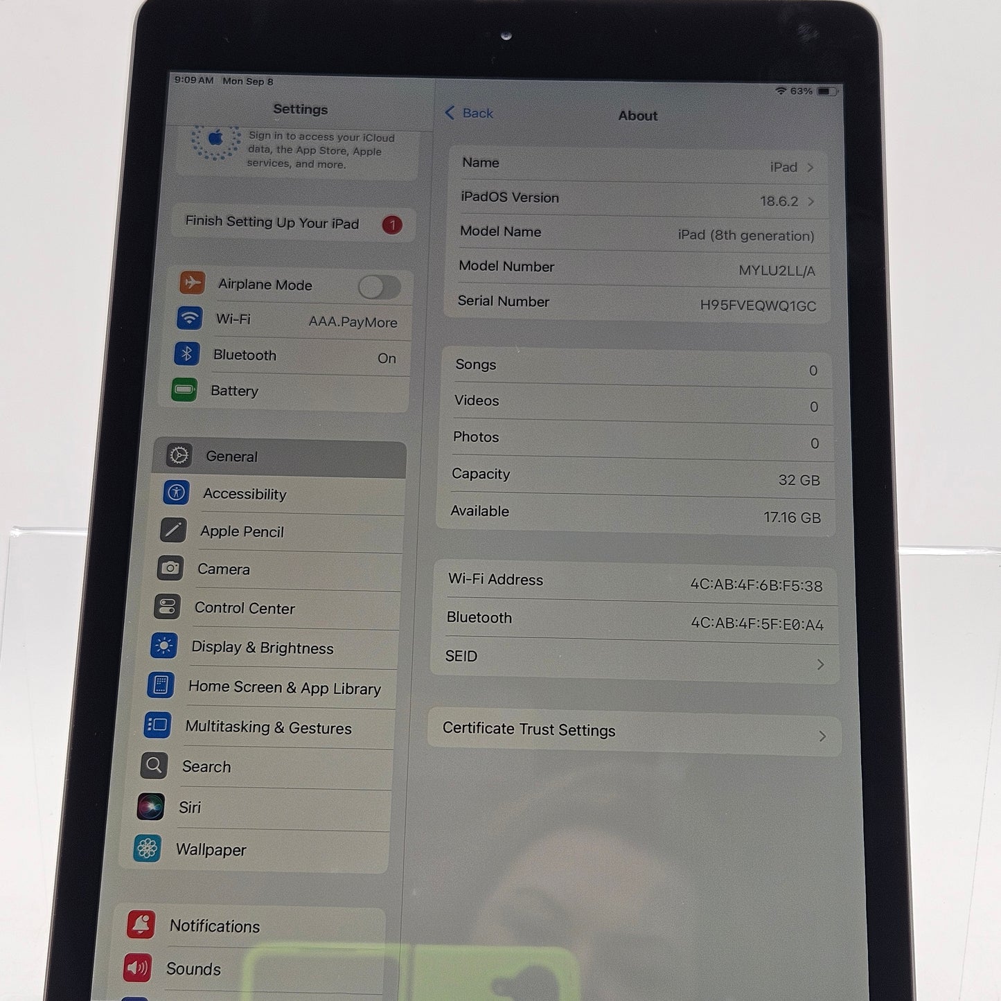 WiFi Only Apple iPad 8th Gen 32GB Silver MYLU2LL/A