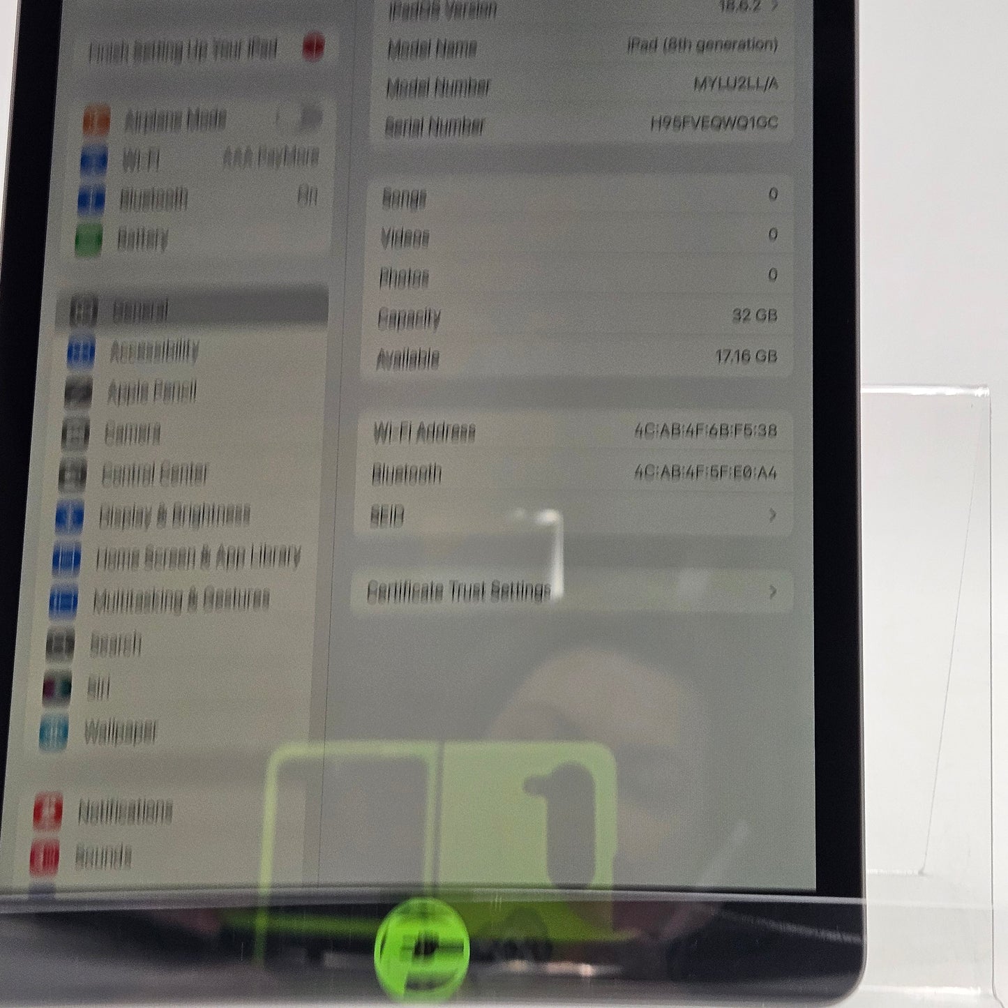 WiFi Only Apple iPad 8th Gen 32GB Silver MYLU2LL/A